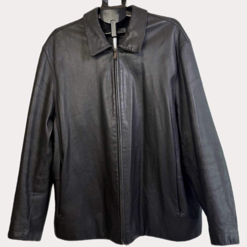 Mens Black Genuine Leather Full Zip Jacket Point Collar Bomber Coat WPL 8045